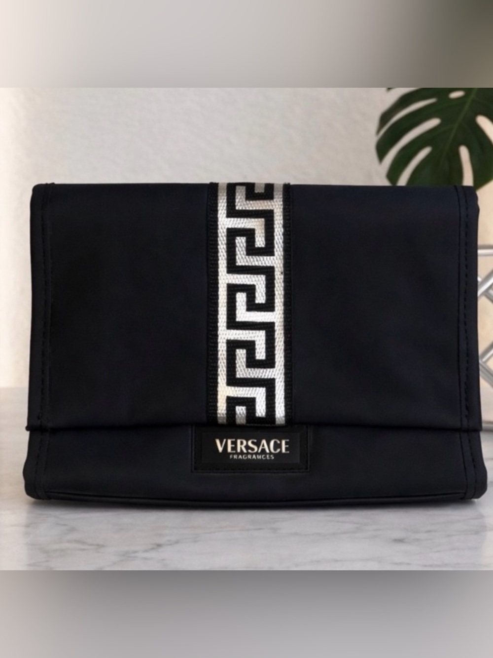 Versace Black Cosmetic Case or Toiletry Bag with Silver Greek Accent, NWOT